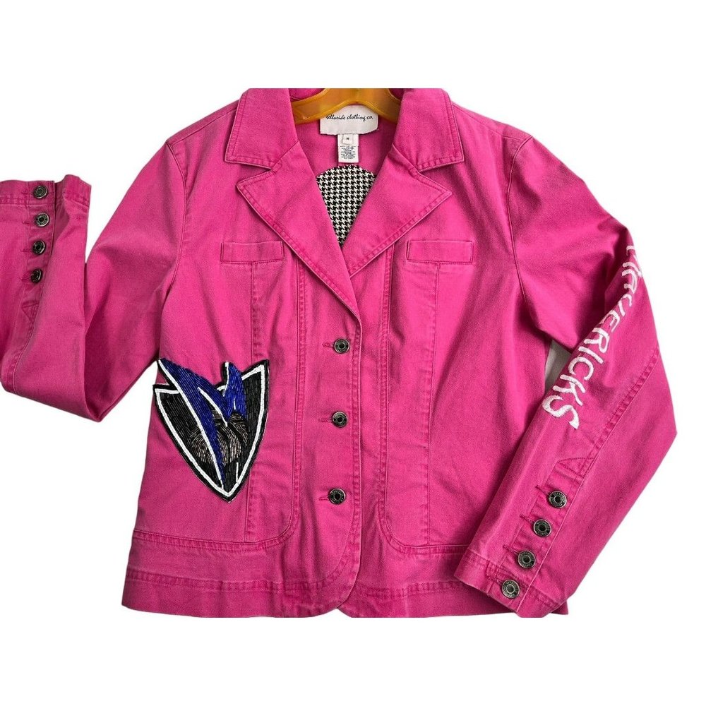 Dallas Mavericks Denim Jacket Pink Beaded Bling Patch Basketball Women M Flagg